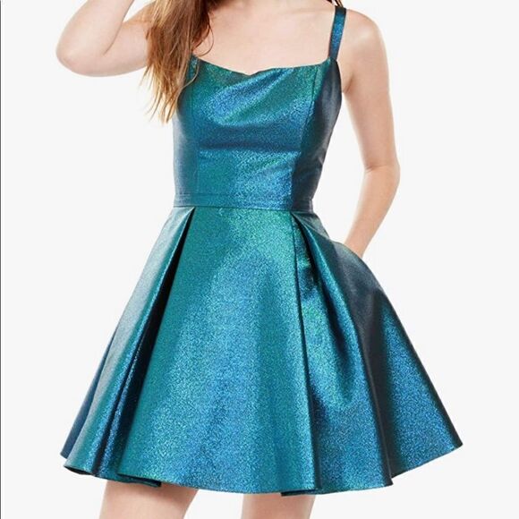 Dresses & Skirts - Blondie Nites A-Line Dress Junior Cage-Back Pleated Metallic Blue 11
